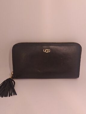 UGG Black Leather Zip Wallet with Tassel